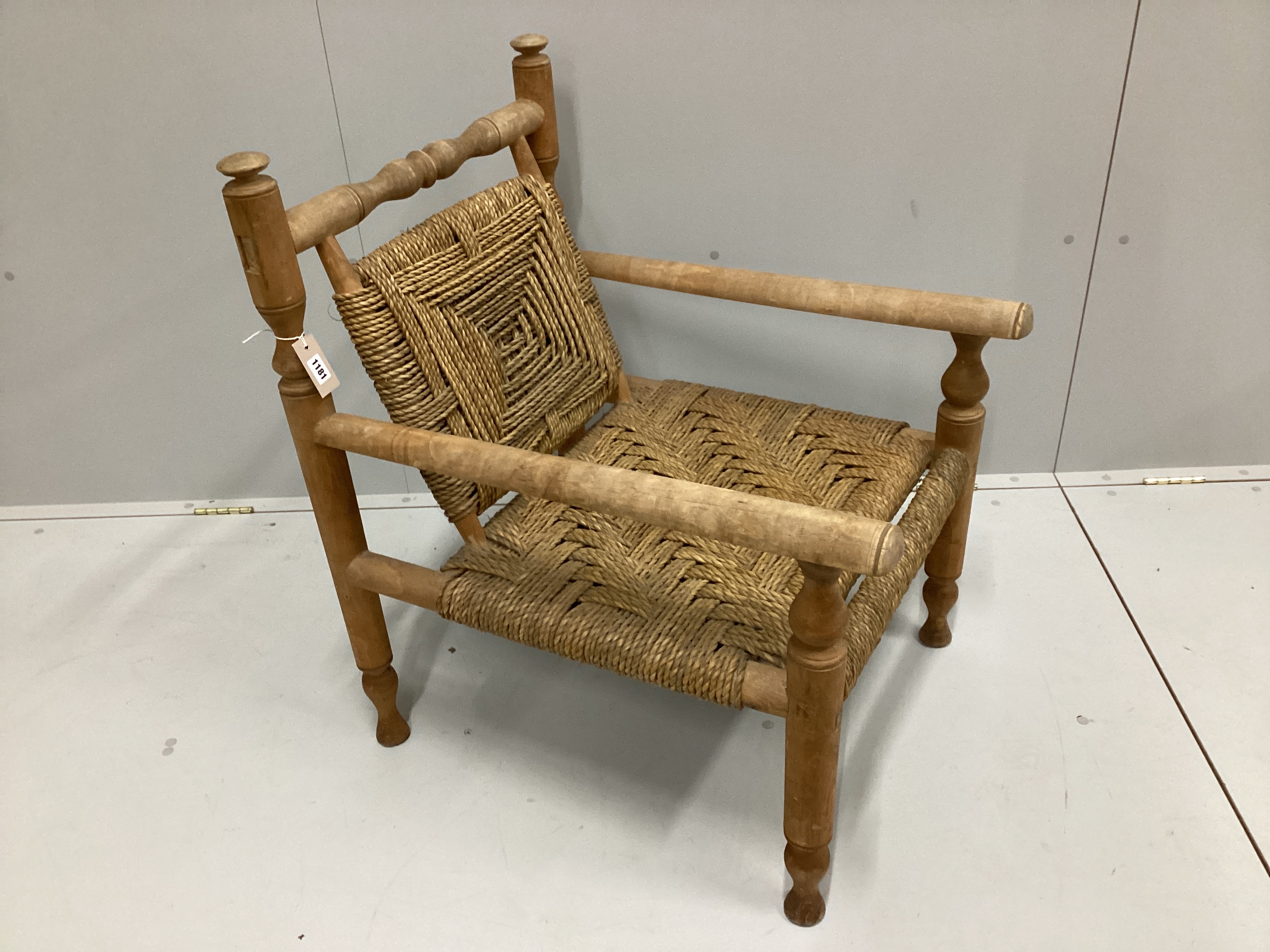 In the manner of Adrien Audoux and Frida Minet, a sisal weave beech elbow chair, width 60cm, depth 74cm, height 84cm
